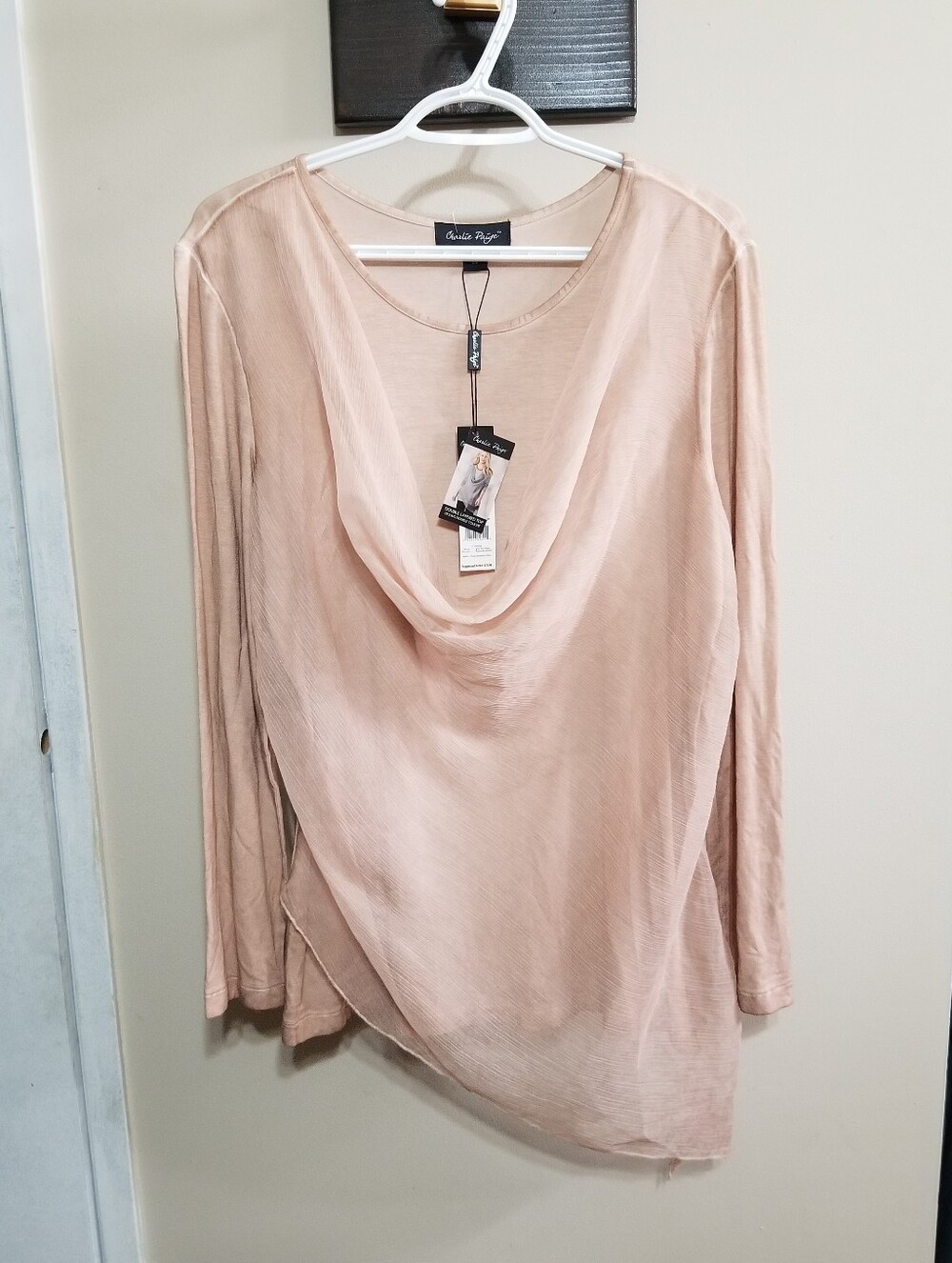 Charlie Paige Top Blush Beige Draped Long-Sleeve Double-layer Small Nwtags